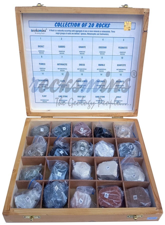 Rocksmins Collection of 20 Rocks in Wooden Box RO20WB-SC with 20 Big Specimen Set of Rock Igneous Sedimentary Metamorphic Rock Mineral Collection Geology Kits ideal for Study of Earth Stone - Image 1